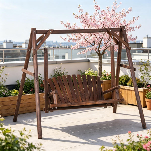 English Elm 2-seat Solid Fir Pine Log A-frame Garden Swing Bench for Outdoor Patio Relaxation T3971S00276