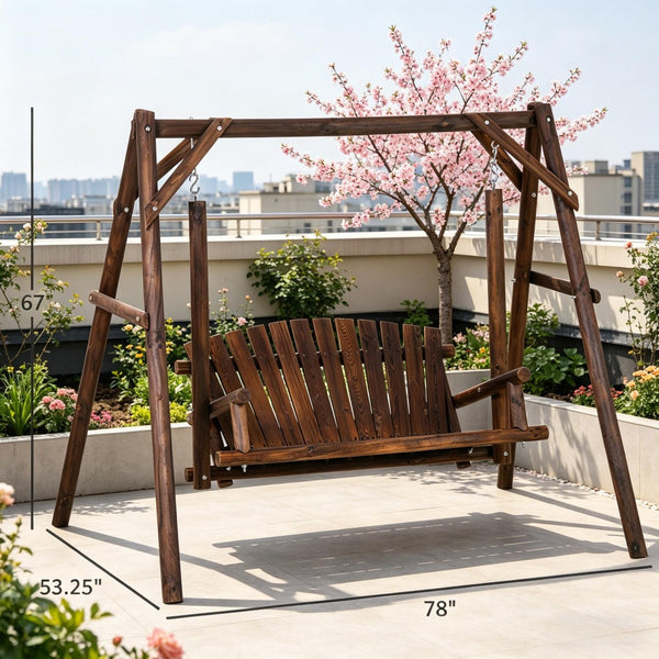 English Elm 2-seat Solid Fir Pine Log A-frame Garden Swing Bench for Outdoor Patio Relaxation T3971S00276