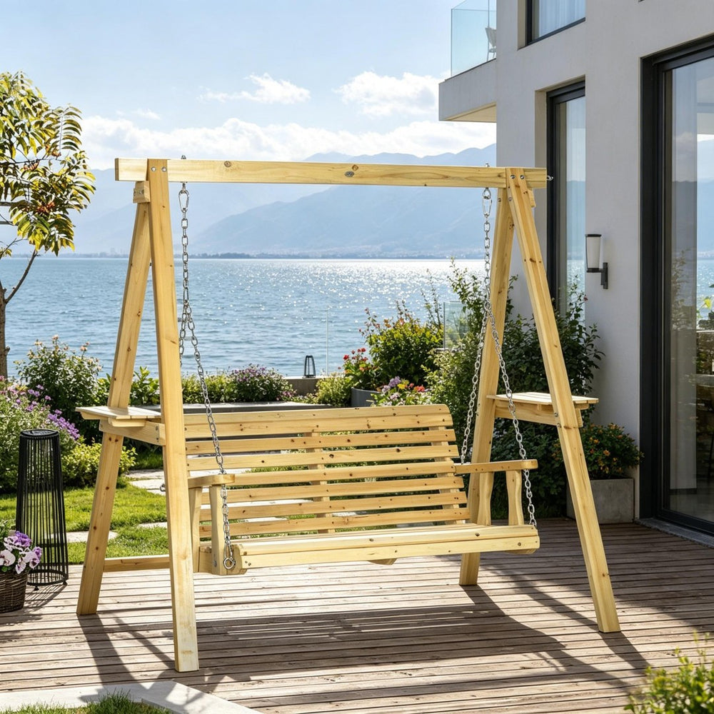English Elm 2-Seat Outdoor Porch Swing with Solid Fir Frame Built-In Side Tables and A-Frame Stand T3971S00279
