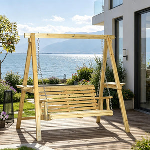 English Elm 2-Seat Outdoor Porch Swing with Solid Fir Frame Built-In Side Tables and A-Frame Stand T3971S00279