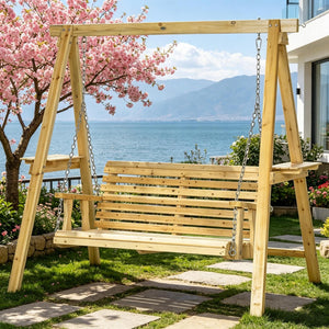 English Elm 2-Seat Outdoor Porch Swing with Solid Fir Frame Built-In Side Tables and A-Frame Stand T3971S00279
