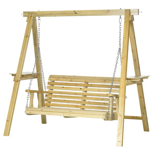 English Elm 2-Seat Outdoor Porch Swing with Solid Fir Frame Built-In Side Tables and A-Frame Stand T3971S00279
