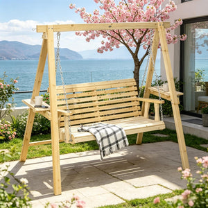 English Elm 2-Seat Outdoor Porch Swing with Solid Fir Frame Built-In Side Tables and A-Frame Stand T3971S00279