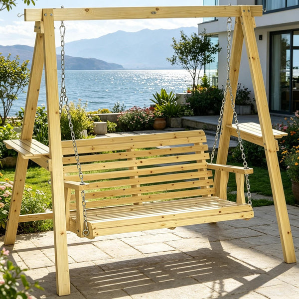 English Elm 2-Seat Outdoor Porch Swing with Solid Fir Frame Built-In Side Tables and A-Frame Stand T3971S00279