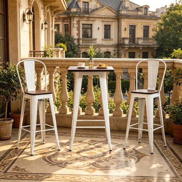 English Elm Patio 3 Piece Bar Set Industrial Counter Height Table Two High Back Stools T3971S00287