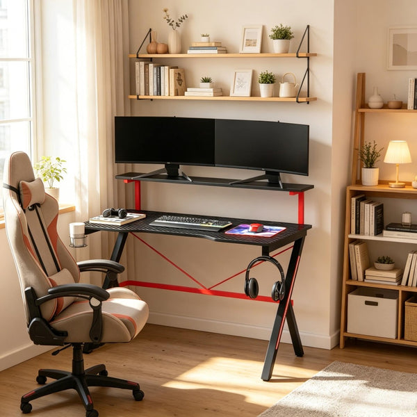 English Elm Modern Gaming Desk with Dual Tier Carbon Fiber Surface K Frame and Cable Management T3971S00288
