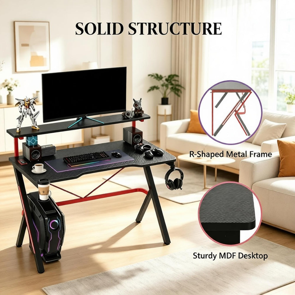 English Elm Modern Gaming Desk with Dual Tier Carbon Fiber Surface K Frame and Cable Management T3971S00288