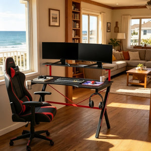 English Elm Modern Gaming Desk with Dual Tier Carbon Fiber Surface K Frame and Cable Management T3971S00288