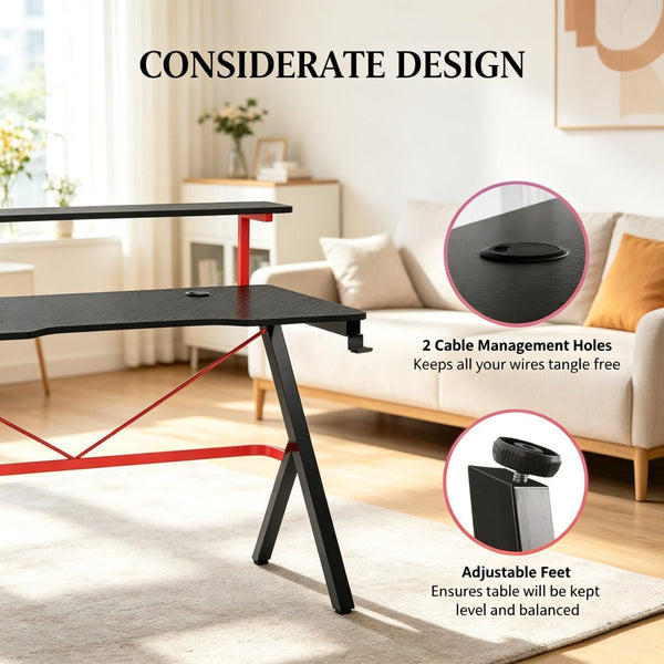 English Elm Modern Gaming Desk with Dual Tier Carbon Fiber Surface K Frame and Cable Management T3971S00288