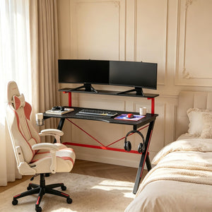 English Elm Modern Gaming Desk with Dual Tier Carbon Fiber Surface K Frame and Cable Management T3971S00288