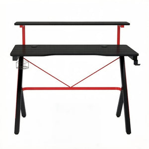 English Elm Modern Gaming Desk with Dual Tier Carbon Fiber Surface K Frame and Cable Management T3971S00288