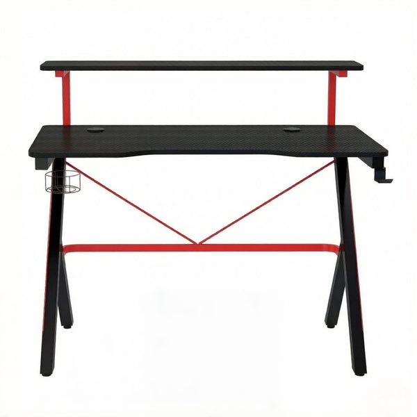 English Elm Modern Gaming Desk with Dual Tier Carbon Fiber Surface K Frame and Cable Management T3971S00288