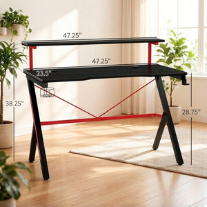 English Elm Modern Gaming Desk with Dual Tier Carbon Fiber Surface K Frame and Cable Management T3971S00288