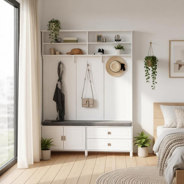 English Elm Stylish White Mdf Hall Tree with Bench Drawers and Hooks for Entryway Organization T3971S00289
