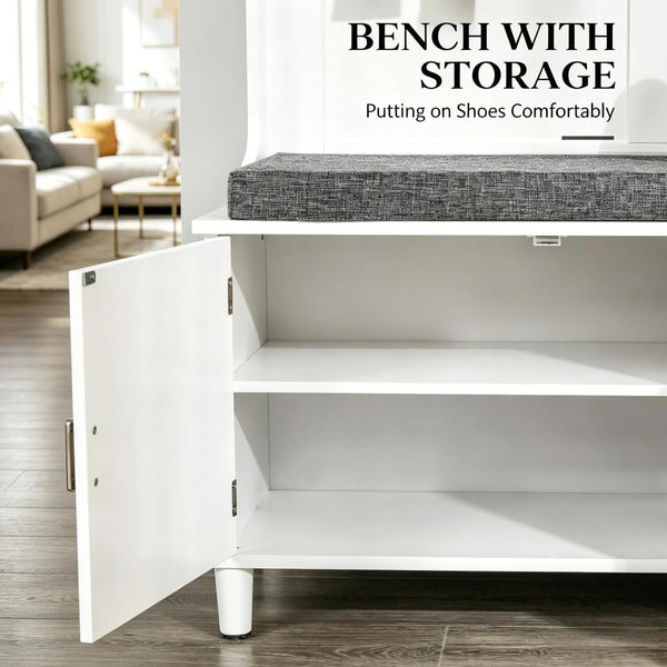 English Elm Stylish White Mdf Hall Tree with Bench Drawers and Hooks for Entryway Organization T3971S00289