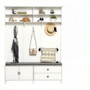 English Elm Stylish White Mdf Hall Tree with Bench Drawers and Hooks for Entryway Organization T3971S00289