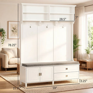 English Elm Stylish White Mdf Hall Tree with Bench Drawers and Hooks for Entryway Organization T3971S00289