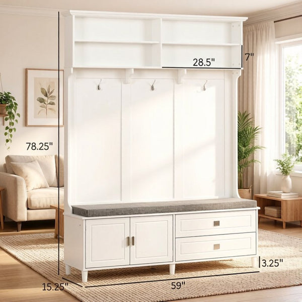English Elm Stylish White Mdf Hall Tree with Bench Drawers and Hooks for Entryway Organization T3971S00289