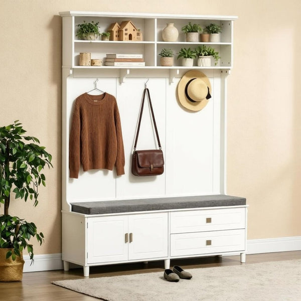 English Elm Stylish White Mdf Hall Tree with Bench Drawers and Hooks for Entryway Organization T3971S00289