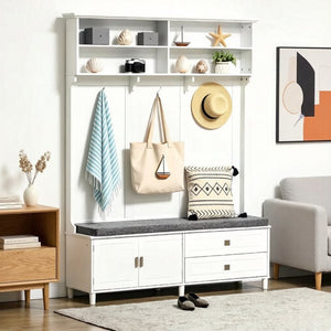 English Elm Stylish White Mdf Hall Tree with Bench Drawers and Hooks for Entryway Organization T3971S00289