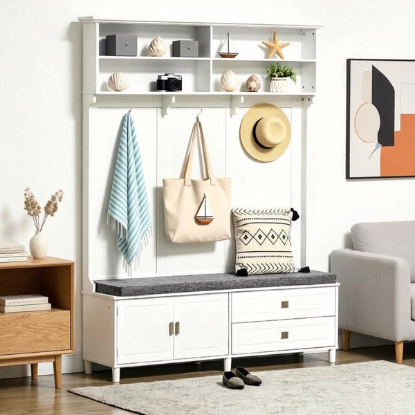 English Elm Stylish White Mdf Hall Tree with Bench Drawers and Hooks for Entryway Organization T3971S00289