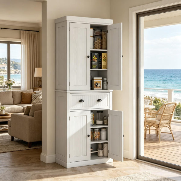 English Elm Freestanding Farmhouse Pantry Cabinet Beadboard White Tall Storage with Adjustable Shelves T3971S00291