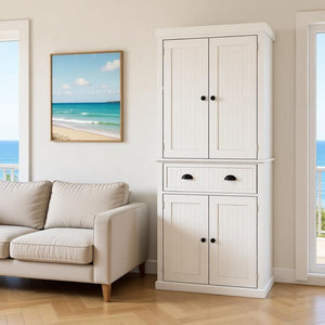 English Elm Freestanding Farmhouse Pantry Cabinet Beadboard White Tall Storage with Adjustable Shelves T3971S00291