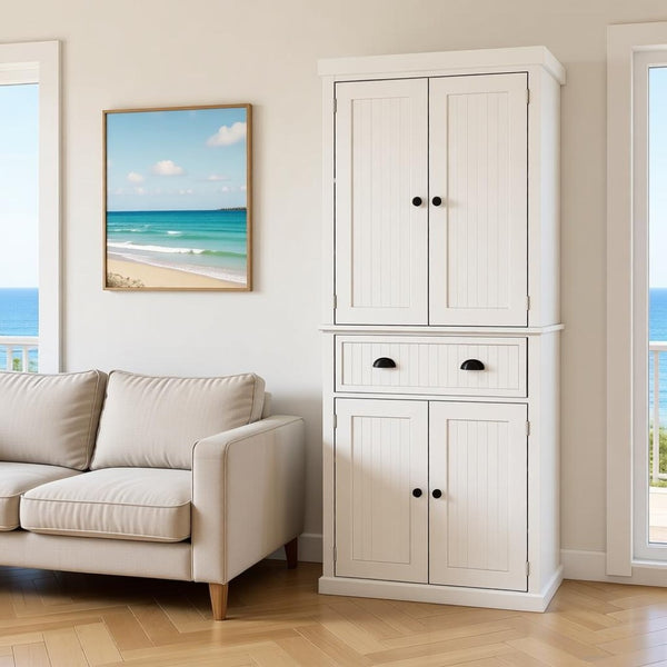 English Elm Freestanding Farmhouse Pantry Cabinet Beadboard White Tall Storage with Adjustable Shelves T3971S00291