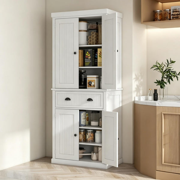 English Elm Freestanding Farmhouse Pantry Cabinet Beadboard White Tall Storage with Adjustable Shelves T3971S00291