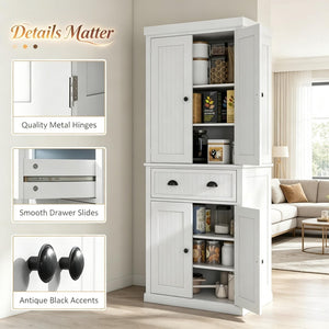 English Elm Freestanding Farmhouse Pantry Cabinet Beadboard White Tall Storage with Adjustable Shelves T3971S00291