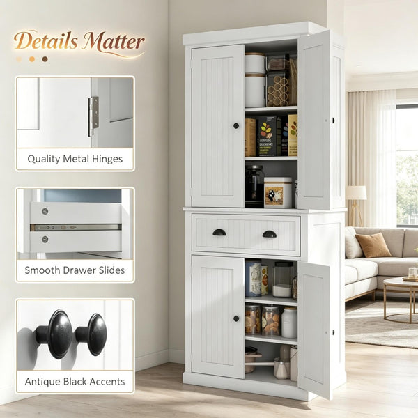 English Elm Freestanding Farmhouse Pantry Cabinet Beadboard White Tall Storage with Adjustable Shelves T3971S00291