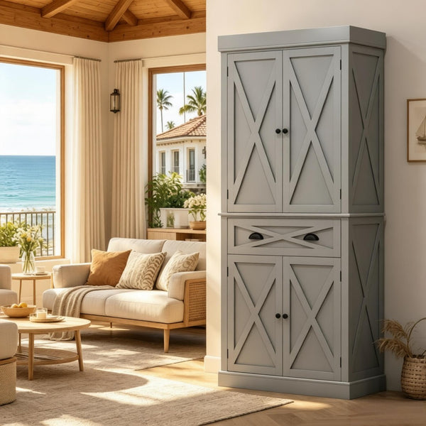 English Elm Large Farmhouse Pantry Cabinet with X Panel Doors Adjustable Shelves and Drawer Gray T3971S00292
