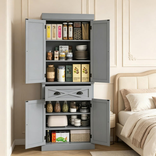 English Elm Large Farmhouse Pantry Cabinet with X Panel Doors Adjustable Shelves and Drawer Gray T3971S00292