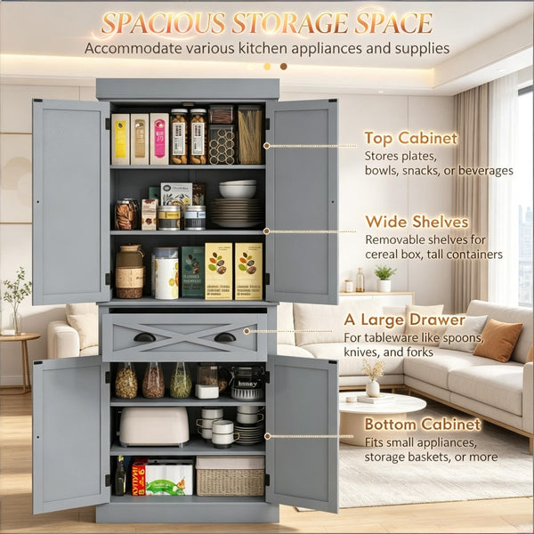 English Elm Large Farmhouse Pantry Cabinet with X Panel Doors Adjustable Shelves and Drawer Gray T3971S00292