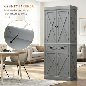 English Elm Large Farmhouse Pantry Cabinet with X Panel Doors Adjustable Shelves and Drawer Gray T3971S00292