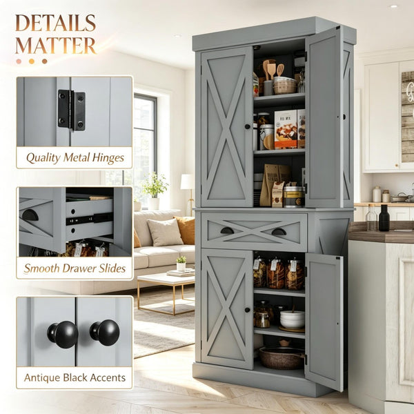 English Elm Large Farmhouse Pantry Cabinet with X Panel Doors Adjustable Shelves and Drawer Gray T3971S00292