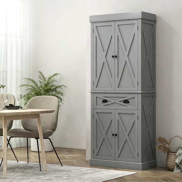 English Elm Large Farmhouse Pantry Cabinet with X Panel Doors Adjustable Shelves and Drawer Gray T3971S00292