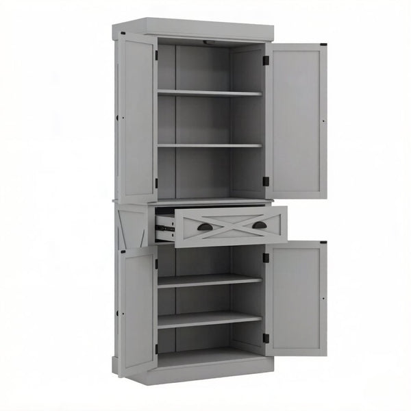 English Elm Large Farmhouse Pantry Cabinet with X Panel Doors Adjustable Shelves and Drawer Gray T3971S00292