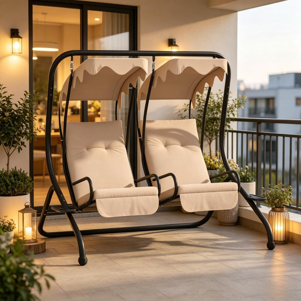 English Elm Garden Freestanding Two-seat Porch Swing with Canopy Spring Mounted Outdoor Rocker T3971S00293