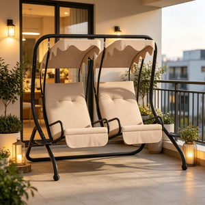 English Elm Garden Freestanding Two-seat Porch Swing with Canopy Spring Mounted Outdoor Rocker T3971S00293