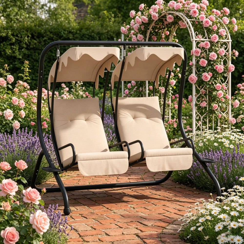 English Elm Garden Freestanding Two-seat Porch Swing with Canopy Spring Mounted Outdoor Rocker T3971S00293