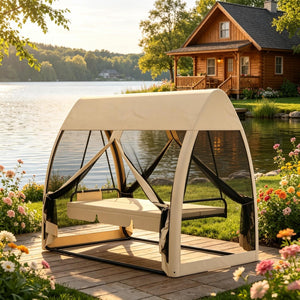 English Elm Garden Convertible Patio Swing Daybed with Mesh Canopy Steel Frame 3 Person Seat T3971S00294