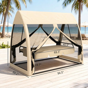 English Elm Garden Convertible Patio Swing Daybed with Mesh Canopy Steel Frame 3 Person Seat T3971S00294
