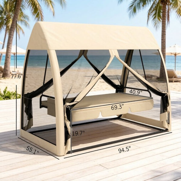 English Elm Garden Convertible Patio Swing Daybed with Mesh Canopy Steel Frame 3 Person Seat T3971S00294