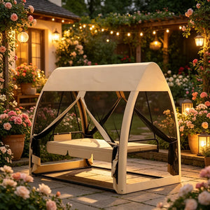 English Elm Garden Convertible Patio Swing Daybed with Mesh Canopy Steel Frame 3 Person Seat T3971S00294