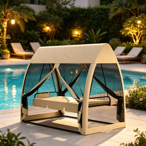 English Elm Garden Convertible Patio Swing Daybed with Mesh Canopy Steel Frame 3 Person Seat T3971S00294