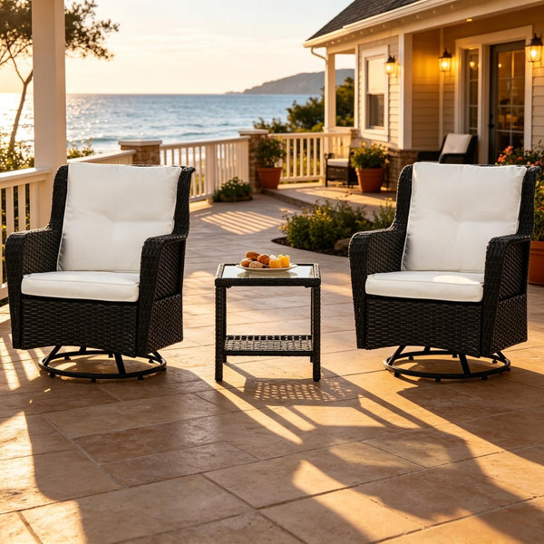 English Elm 3-piece Outdoor Wicker Bistro Set with Swivel Rocker Chairs and Tempered Glass Table T3971S00298