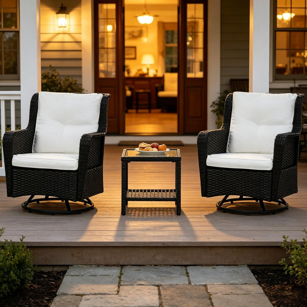 English Elm 3-piece Outdoor Wicker Bistro Set with Swivel Rocker Chairs and Tempered Glass Table T3971S00298