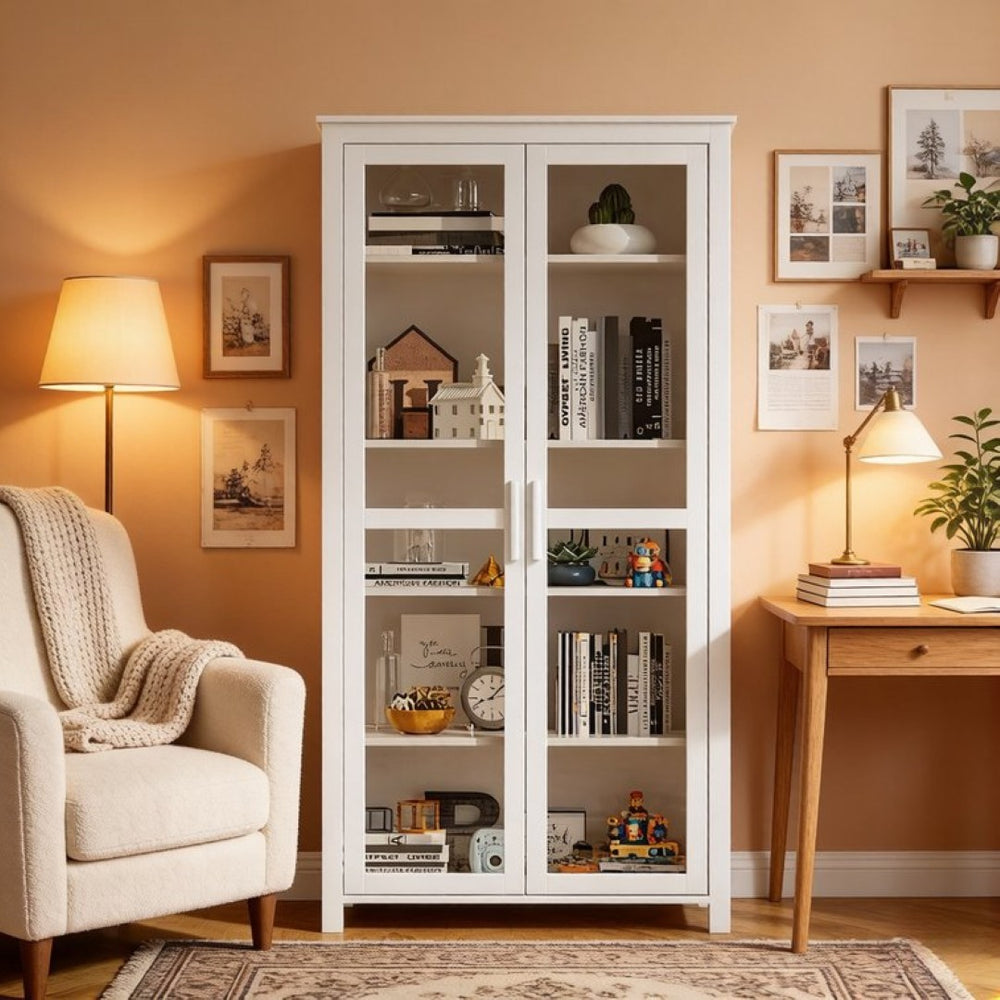 English Elm Hall Five Tier White Pantry Cabinet with Tempered Glass Doors for Kitchen Storage T3971S00299