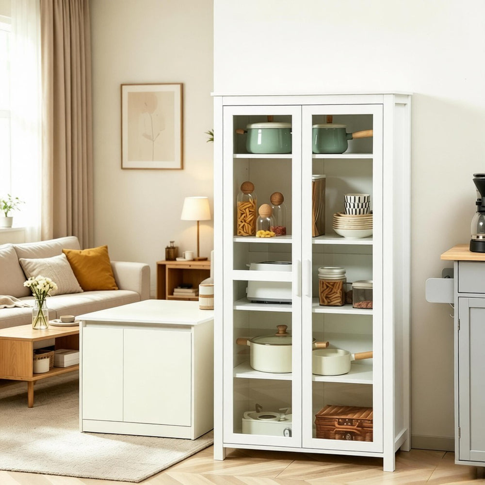 English Elm Hall Five Tier White Pantry Cabinet with Tempered Glass Doors for Kitchen Storage T3971S00299